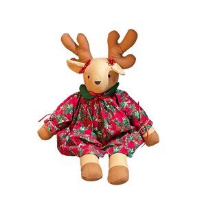 Handcrafted Fabric Reindeer Doll With Festive Red Dress & Bow Accents - Christma